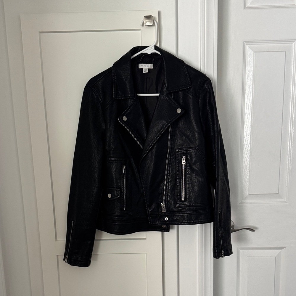 Blank Topshop Black Faux Leather Biker Jacket with Silver Hardware